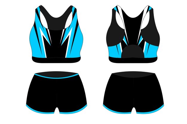 Vector sport bra apparel especificación vista frontal y posterior colores básicos uniforme estándar camiseta negra y azul