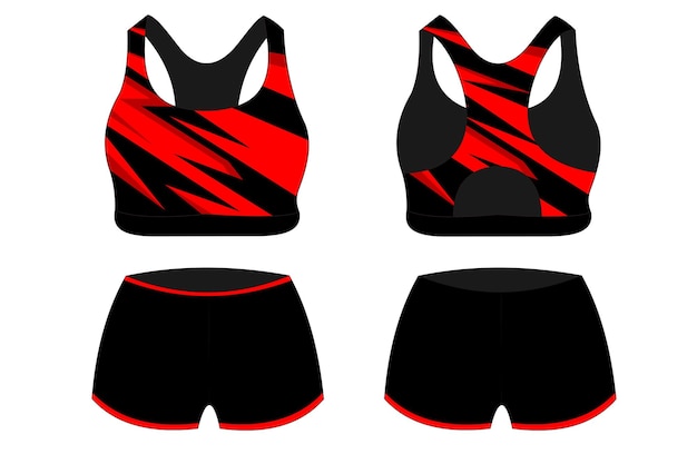 Vector sport bra apparel especificaciones vista frontal y posterior colores básicos uniforme estándar negro y rojo te