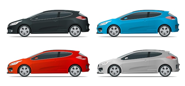 Sportcar o vehículo hatchback. Coche todoterreno sobre fondo blanco, plantilla para marca y publicidad. Fácil cambio de color. Vector aislado, vista lateral.