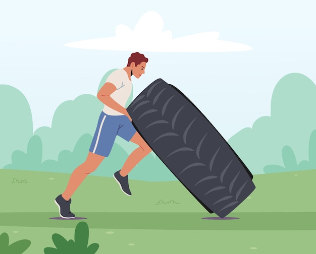 Sportsman Workout Ejercer en Yard Crossfit o Bodybuilding Concept con Strong and Power Athletics Man Lifting Tire