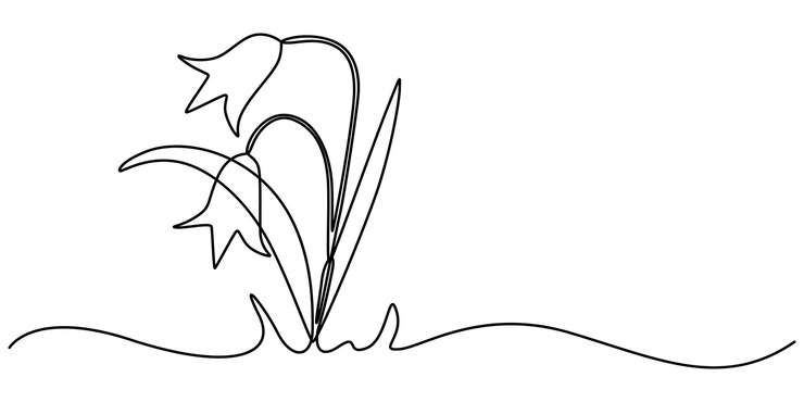 Vector spring snowdrop flower dibujo de línea única con trazo editable y espacio de copia en forma de campana abstracta