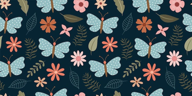 Springsummer patrón sin fisuras con hojas de flores y mariposas sobre un fondo azul oscuro