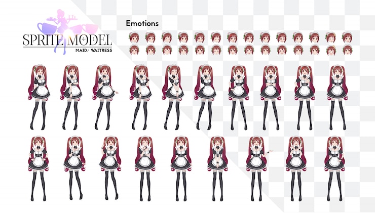 Vector sprite personaje de larga duración para la novela visual del juego. anime manga girl, personaje de dibujos animados en estilo japonés. disfraz de mucama cafe. conjunto de emociones