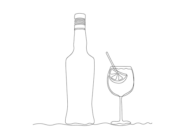 spritz aperol cóctel botella de vidrio de licor alcohol continuo una sola línea de arte dibujo boceto logotipo