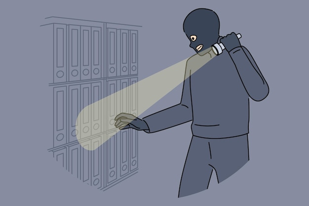 Spy steals documents and confidential data from office using flashlight and wearing mask