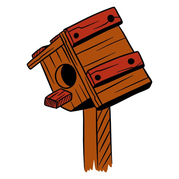 Squorer para pájaros. Casa para pájaros. Casa de madera. Estilo de dibujos animados. Ilustraciones para diseño y decoración.