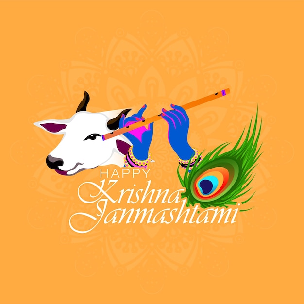 Sri krishna janmashtami. cumpleaños del señor krishna. instrumento musical bansuri y pluma de pavo real..