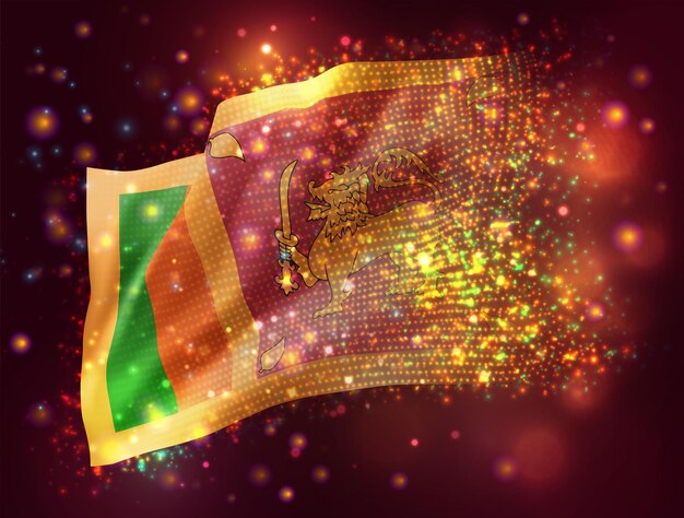 Sri Lanka, vector bandera 3d sobre fondo rosa púrpura con iluminación y bengalas