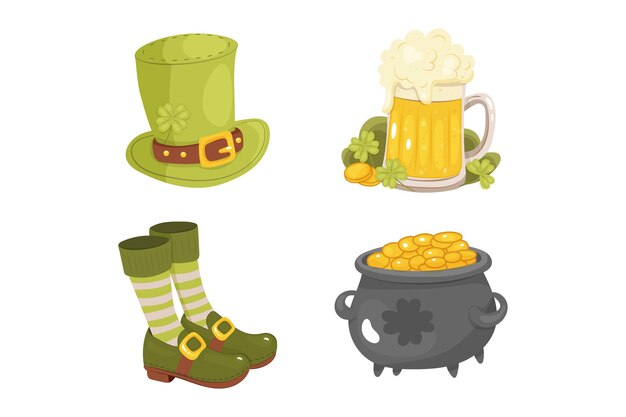 St Patrick's Day clip art set sombrero cerveza y zapatos de trébol con guantes y una olla de oro