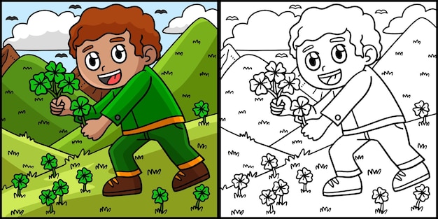 St Patricks niño recogiendo trébol ilustración