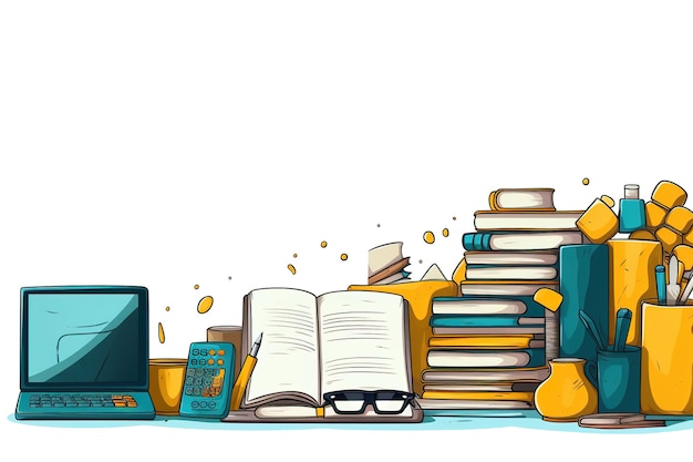 Stack de libros con libro abierto y gafas en fondo blanco Educación del conocimiento estudio