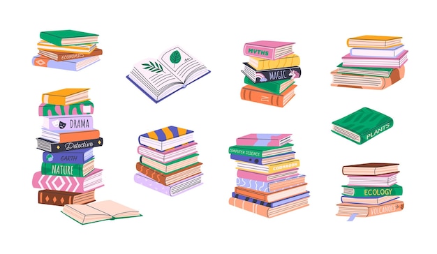Stacks and piles of books education literature novels storybooks encyclopedias