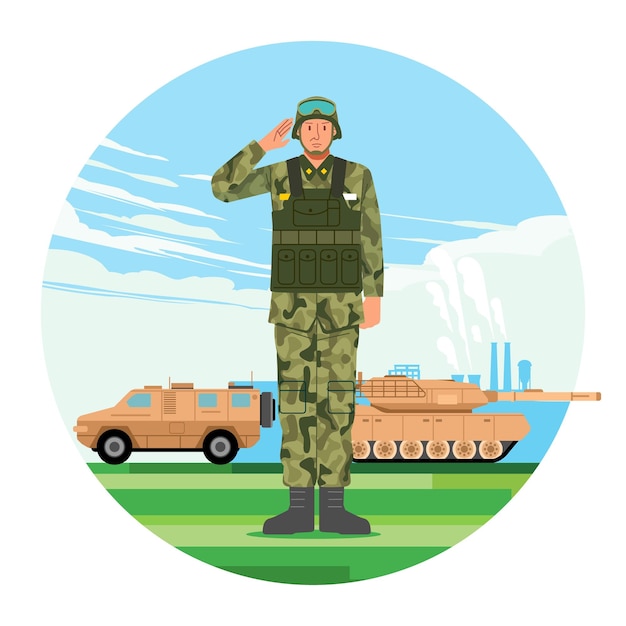 Vector stand by soldado del ejército en saludo uniforme de camuflaje en base militar y vehículo de combate como fondo