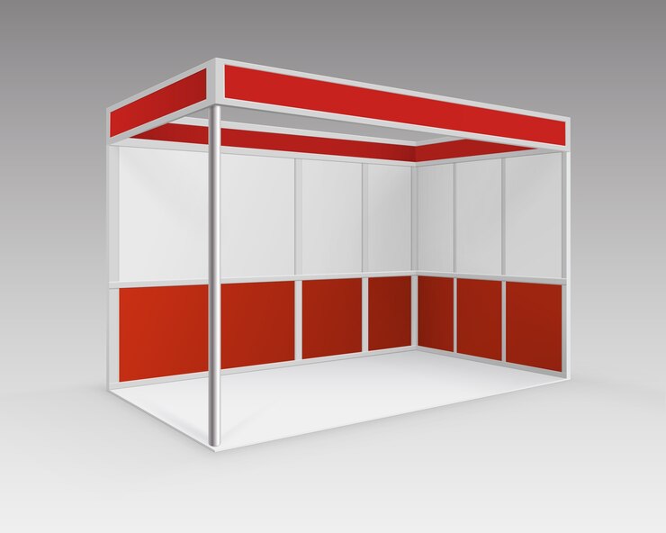 Vector stand estándar de stand de exposición de comercio interior en blanco rojo para presentación en perspectiva aislada sobre fondo