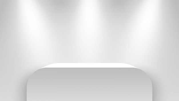 Vector stand de exposición blanco, iluminado por focos. pedestal. ilustración.