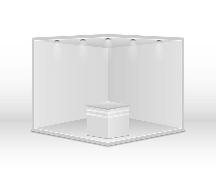Vector stand de exposición estándar con focos. paneles blancos en blanco, soporte publicitario. diseño de stand de exposición creativa sobre fondo blanco. exhibición de la sala de eventos de presentación. ilustración vectorial eps 10