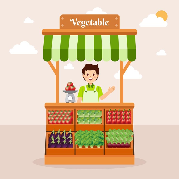 Stand de mercado de verduras con vendedores amigables en el mercado de agricultores