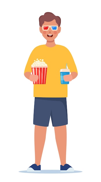 Stand para niños con gafas 3D soda y palomitas de maíz Entretenimiento de cine para niños Ilustración vectorial