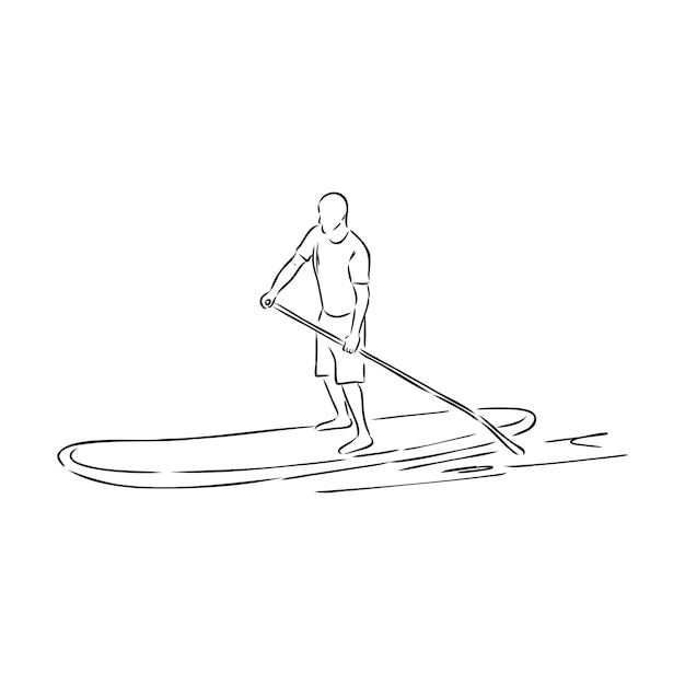 Stand up paddle surf, boarding. Surfista soltera con remo. Chica surfista a bordo. Paddleboarding, SUP fitness. ilustración de fitness Resumen contorno aislado de surfboarder.