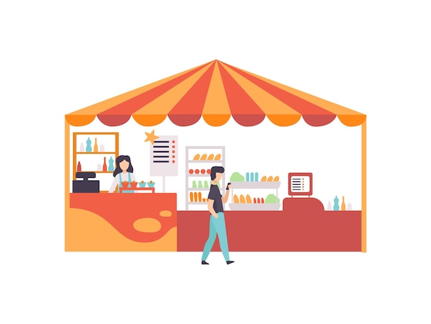 Stand de vendedores callejeros con alimentos dulces y postres Mercado mostrador de alimentos con ilustración vectorial del vendedor en fondo blanco