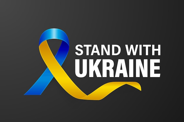 Stand with Ukraine Llamamiento contra la guerra con el símbolo de la paz con cinta de seda azul y amarilla Colores de la bandera ucraniana Lucha Protesta Apoyo a Ucrania Eslogan Ilustración vectorial