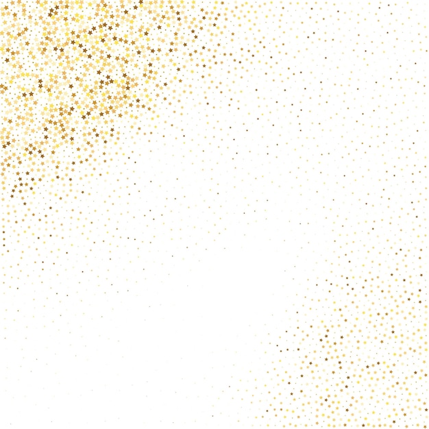 Star Sequin Confetti en fondo blanco. Marco de fiesta de Navidad. Brillo de oro vectorial. Partículas que caen en el suelo. Tarjeta de cumpleaños plana aislada. Bandeira de estrellas doradas. Plantilla de tarjeta de regalo de voucher.