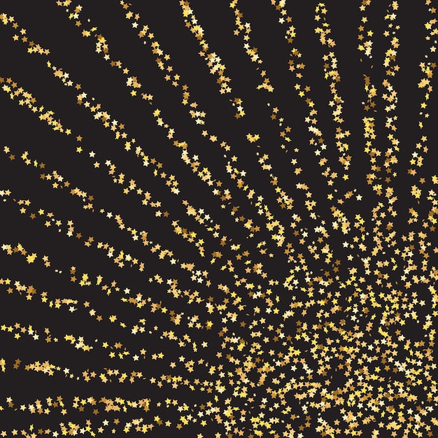 Star Sequin Confetti en fondo negro. Template de tarjeta de regalo de vales. Tarjeta de cumpleaños plana aislada. Bandera de estrellas doradas. Marco de fiesta de Navidad. Brillo de oro vectorial. Partículas que caen en el suelo.