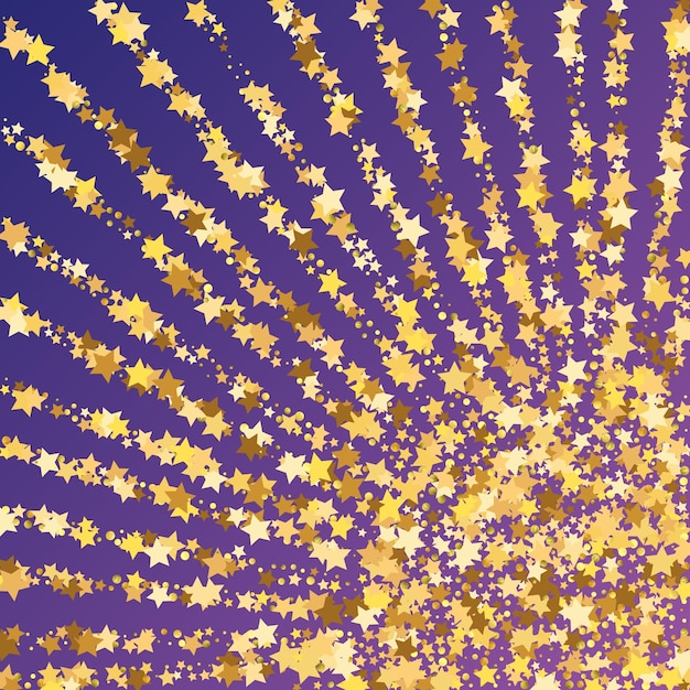 Star Sequin Confetti en fondo púrpura de neón. plantilla de tarjeta de regalo de vales. brillo de oro vectorial. partículas que caen en el suelo. marco de fiesta de Navidad. tarjeta de cumpleaños plana aislada. estandarte de estrellas doradas.