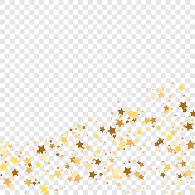 Vector star sequin confetti en fondo transparente. tarjeta de cumpleaños plana aislada. estandarte de estrellas doradas. marco de fiesta de navidad. plantilla de tarjeta de regalo de vales. brillo de oro vectorial. partículas que caen en el suelo.