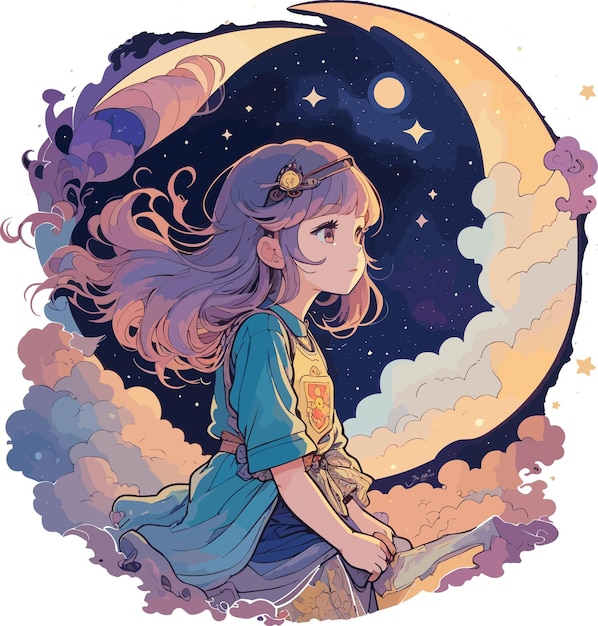 Starryeyed wanderer una encantadora ilustración de dibujos animados de una niña mirando el cielo nocturno