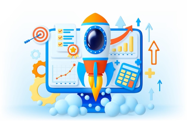 Startup concepto 3d Negocio comenzando con la nave espacial volando en la pantalla de la computadora y gráficos financieros abstractos escena vectorial concisa abstracta