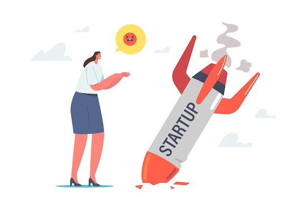Startup Crash, concepto de fracaso empresarial. Stand de empresaria en Fallen Rocket tratando de darse cuenta de un error en la estrategia empresarial, la gerencia no logró obtener ganancias. Ilustración de Vector de gente de dibujos animados
