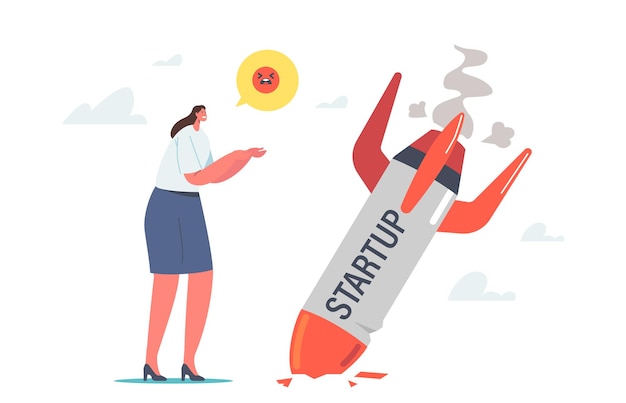 Startup crash, concepto de fracaso empresarial. stand de empresaria en fallen rocket tratando de darse cuenta de un error en la estrategia empresarial, la gerencia no logró obtener ganancias. ilustración de vector de gente de dibujos animados