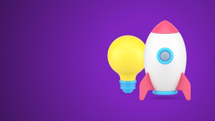 Vector startup idea de innovación de negocio lanzamiento de nave espacial iluminado bombilla 3d icono vector