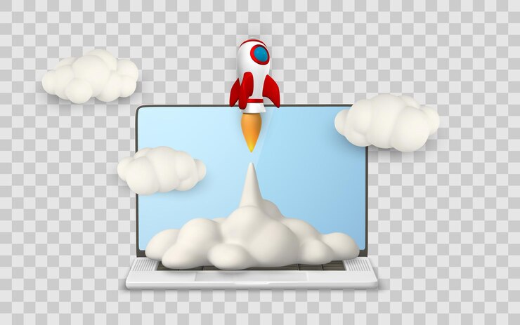 Vector startup rocket launching from laptop screen with clouds and smoke in 3d cartoon style