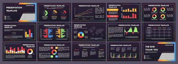 Statistical infographics presentation slides Business data analysis charts pie graphs bar diagrams line graphs and world map visualization statistic layouts dark mode vector template set