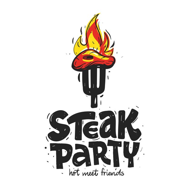 Steak Party Invitation poster logo sign BBQ food Vector fork with a piece of meat on the fire