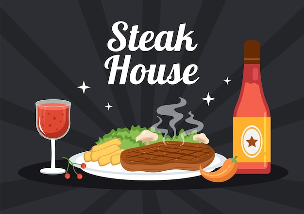 Vector steakhouse ilustración de carne a la parrilla con jugosa deliciosa ensalada de bistec y tomates para barbacoa