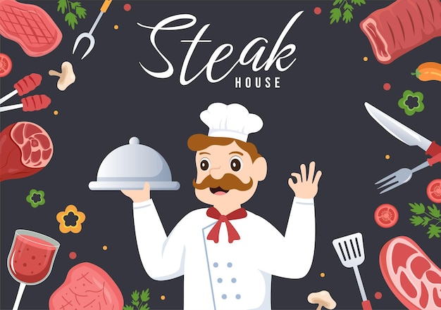 Steakhouse Ilustración de carne a la parrilla con jugosa deliciosa ensalada de bistec y tomates para barbacoa