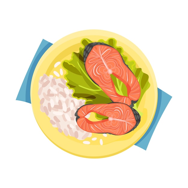 Vector steaks de arroz y salmón servidos en un plato plano con hojas de lechuga ilustración vectorial vista superior del concepto de comida apetitosa