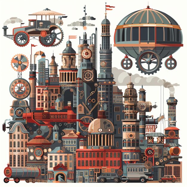 Vector steampunk city popup ui revolución industrial diseño de pc con temática de juego de rol