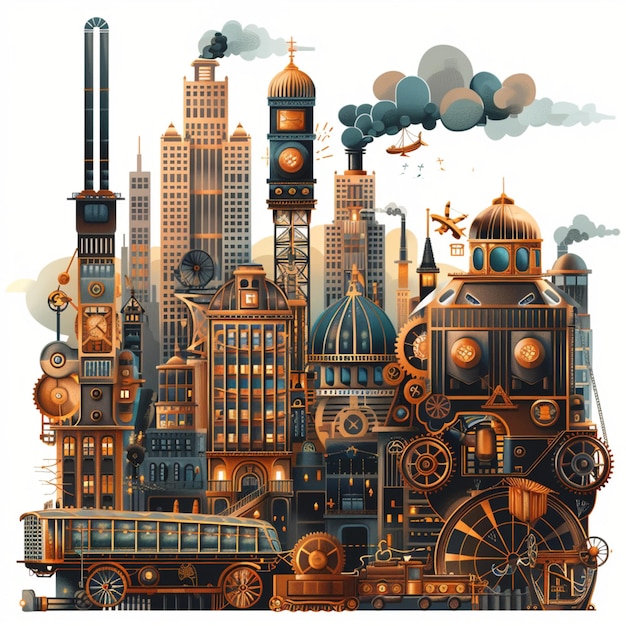 Steampunk City PopUp UI Revolución Industrial Diseño de PC con temática de juego de rol