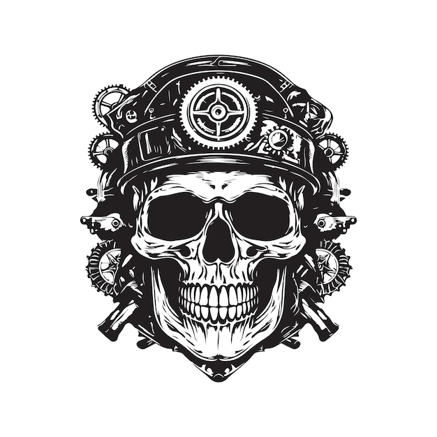 Steampunk cráneo logo concepto blanco y negro color dibujado a mano ilustración