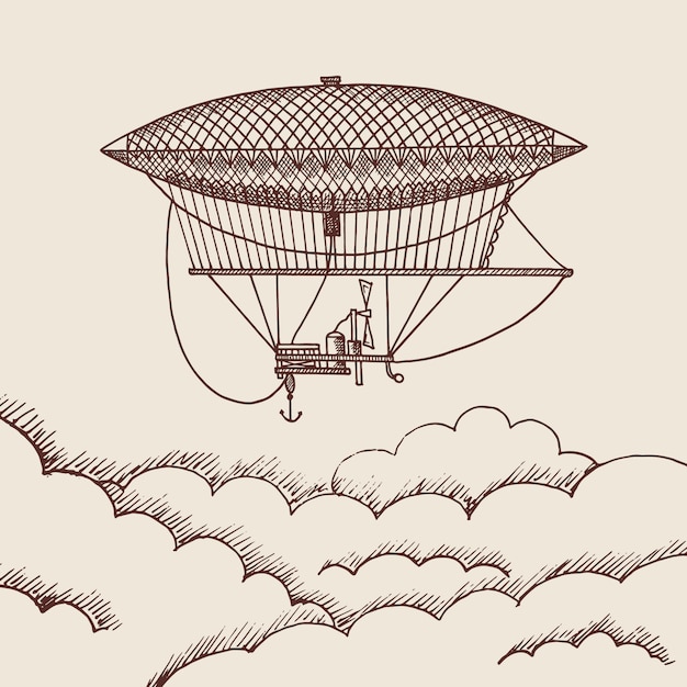 Steampunk mano dibujado aire globo por encima de las nubes