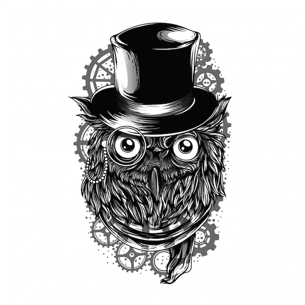 Steampunk owl ilustración en blanco y negro