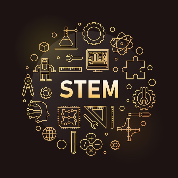 STEM redondo mínimo vector línea dorada ilustración Ciencia circular banner