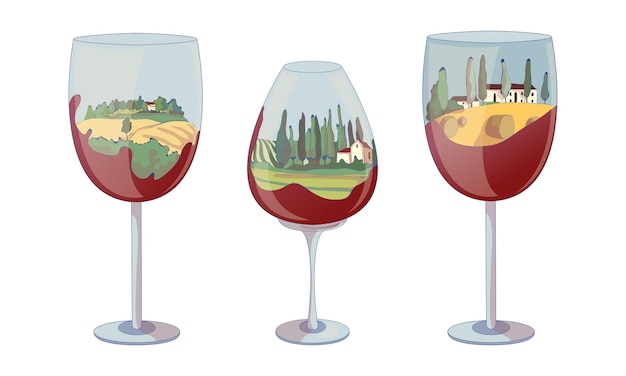 Stemware o vaso de vino con cuenco y escena del viñedo dentro del conjunto vectorial