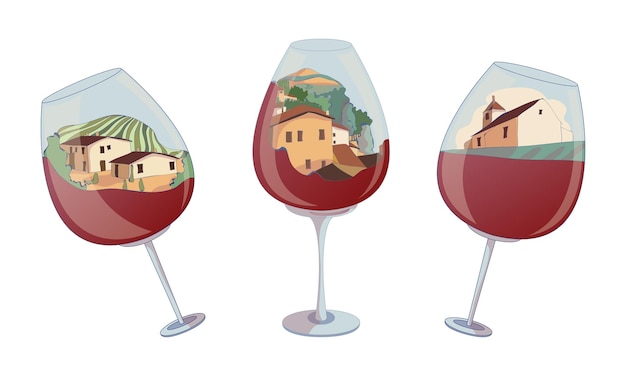 Stemware o vaso de vino con cuenco y escena del viñedo dentro del conjunto vectorial