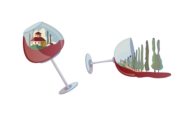 Stemware o vaso de vino con cuenco y escena del viñedo dentro del conjunto vectorial