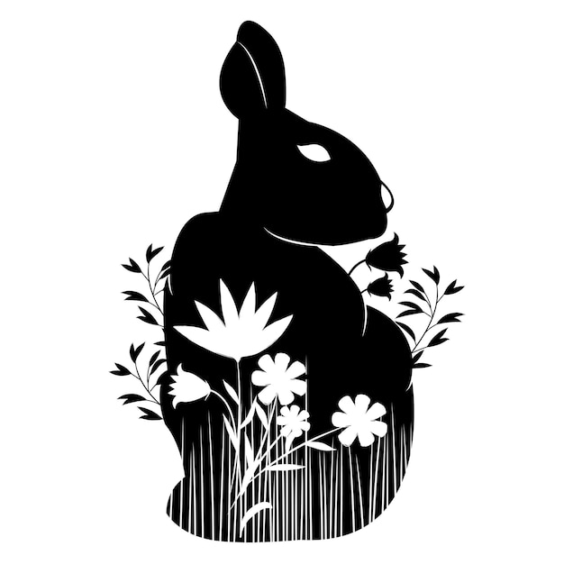 Vector stencil conejo sentado en la hierba y las flores.